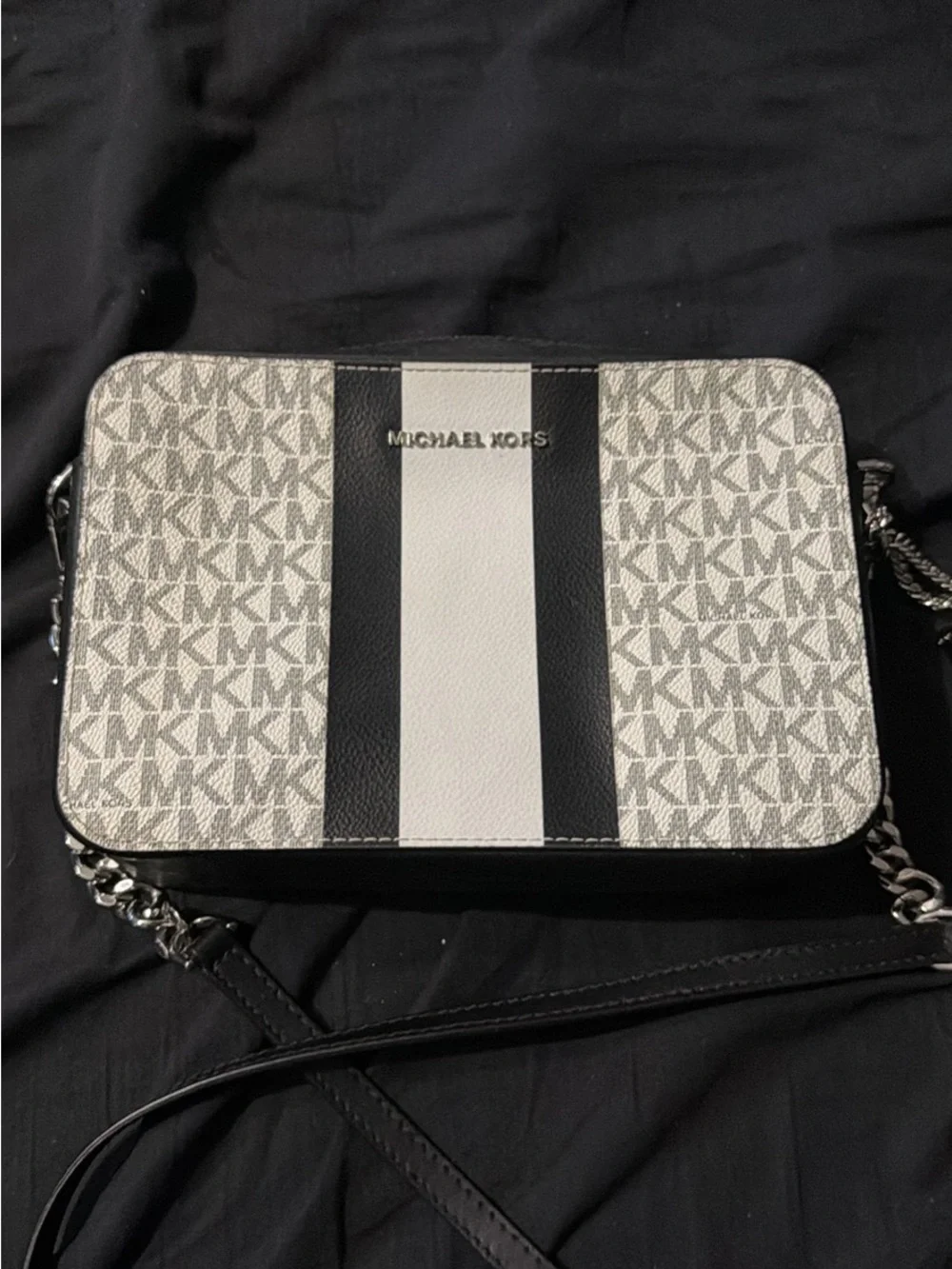 Michael Kors Signature Stripe Crossbody Bag in Black and White